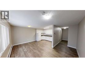 A spacious room with wooden flooring and a kitchenette in the background.