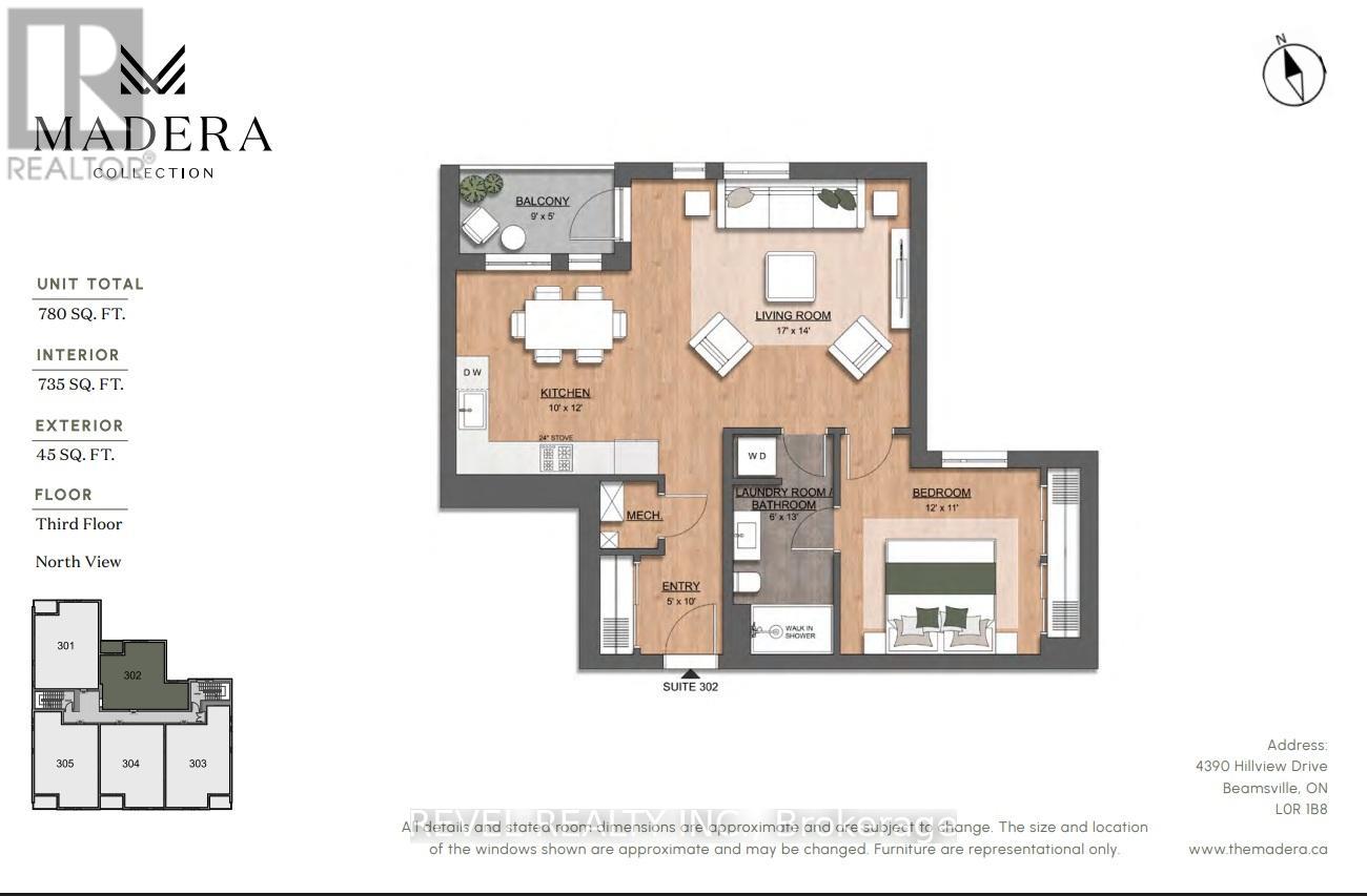 A floor plan for a unit at Madera Real Estate showing a kitchen, living room, and two bedrooms.