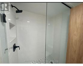 A shower area with a glass door and a wooden door.