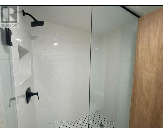 A shower area with a glass door and a wooden door.