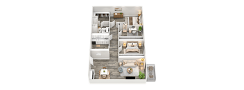 A detailed 3D floor plan of a two-story apartment.