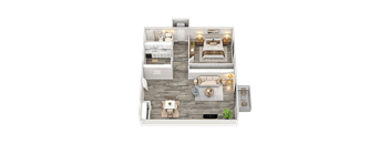 A top-down view of a well-furnished apartment layout.