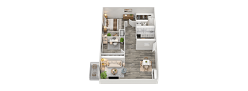 A top-down view of a modern apartment layout with a living room, kitchen, and bathroom.