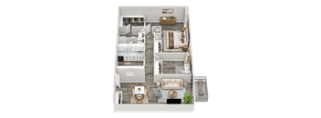 A 3D floor plan of a house with a living room, kitchen, dining room, and bedrooms.