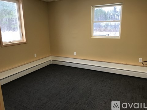 A room with a carpeted floor, two windows, and a wall with two electrical outlets.