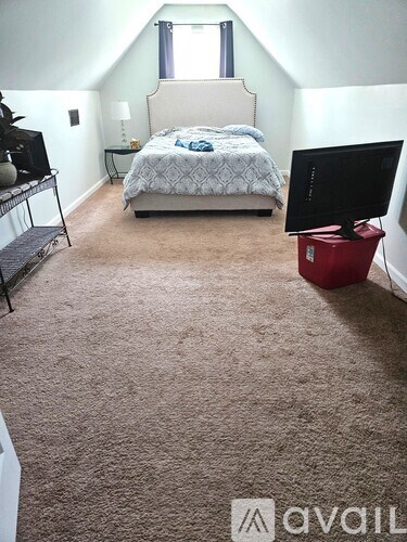 A bedroom with a bed, a television, and a carpeted floor.