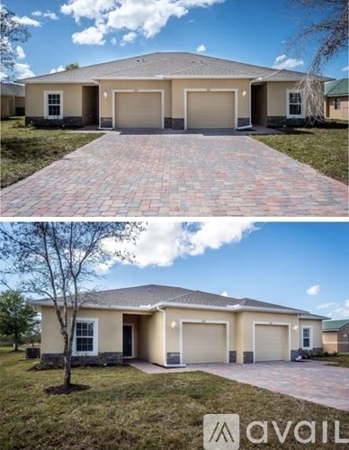 A two-story house with a garage is shown in two different angles.
