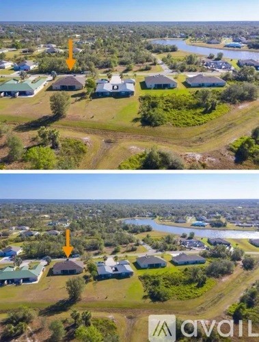 Two aerial images of a residential area with houses and a river.