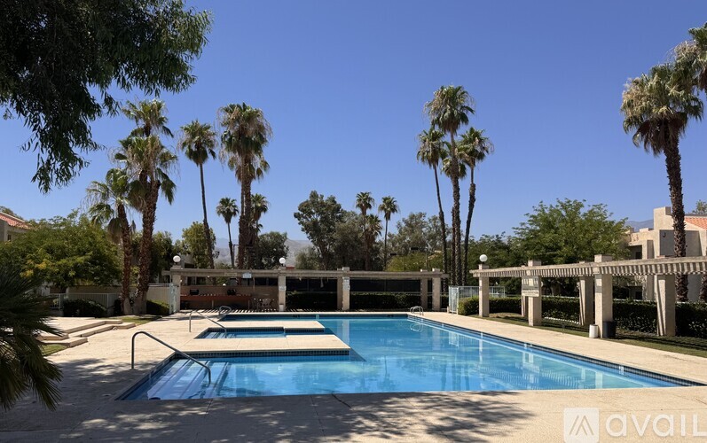 A pool surrounded by palm trees and a white fence.