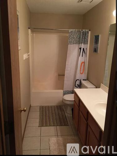 A bathroom with a toilet, sink, and shower curtain.