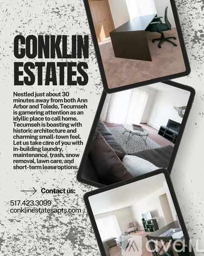 A flyer for Conklin Estates advertising a small-town feel and offering various services.