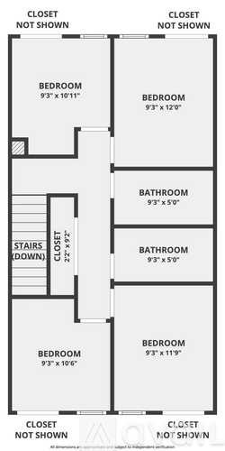 A floor plan of a house with two bedrooms, a bathroom, and a staircase.