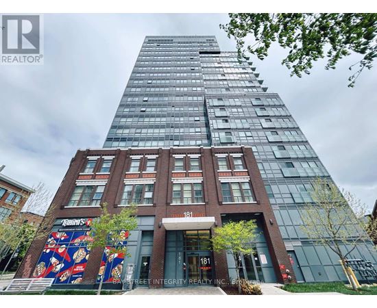 A tall building with a glass facade and a red brick base with a sign that reads 181.