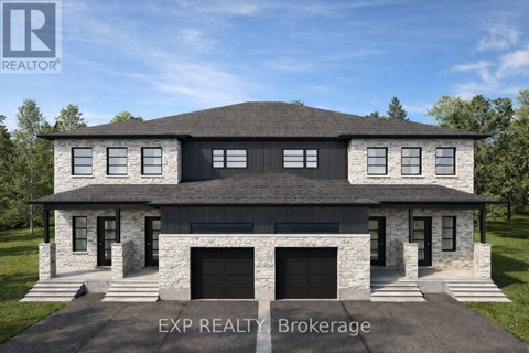 A modern house with a stone facade and a large front yard.