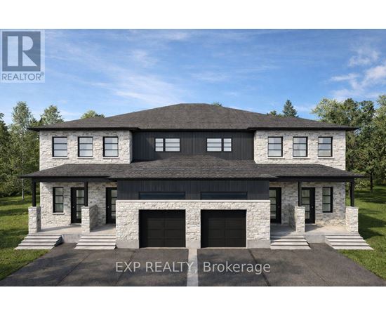 A modern house with a stone facade and a large front yard.