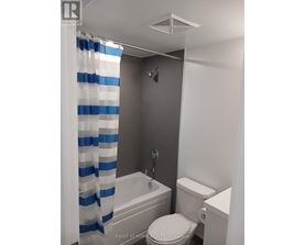 A white toilet sits next to a bathtub in a bathroom.