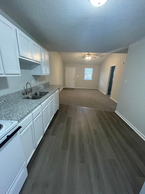 A kitchen with white cabinets and a granite countertop.