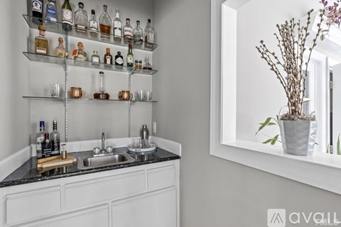 A kitchen with a sink and a shelf with bottles on it.