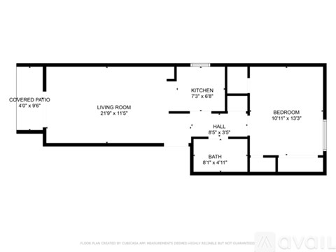A floor plan for an apartment with a living room, kitchen, bedroom, and bathroom.