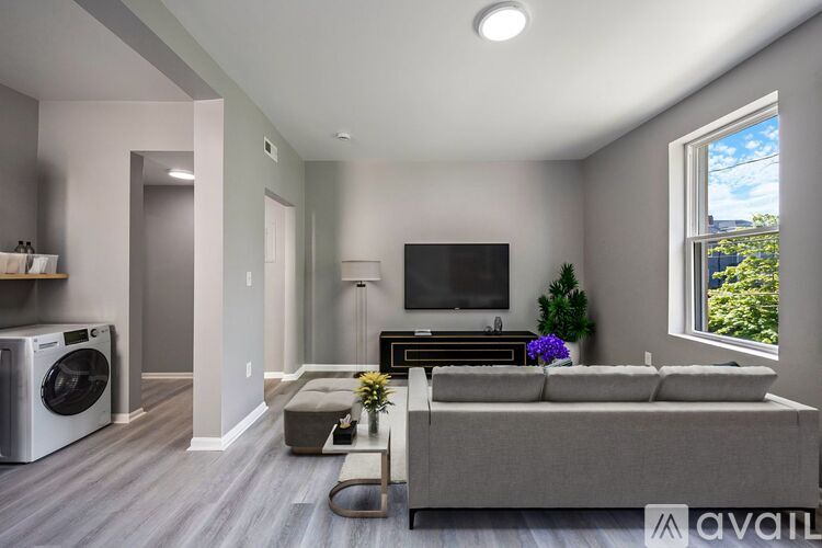 A modern living room with a grey sofa, a television, and a washing machine.