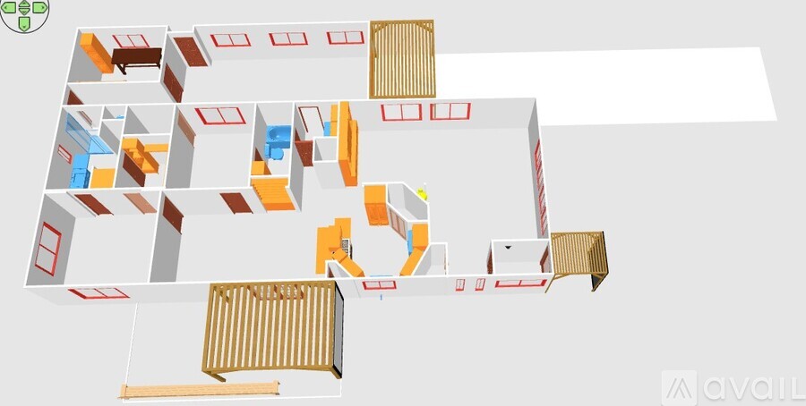 A 3D rendered image of a building layout with rooms and corridors.
