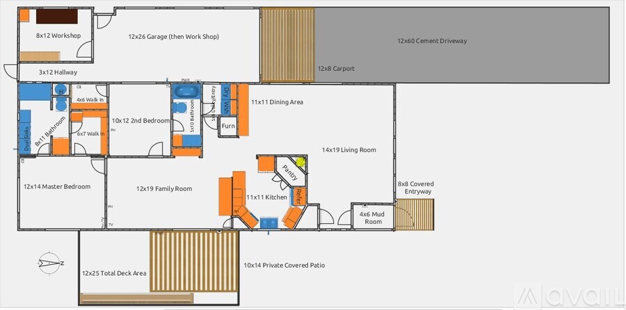 A floor plan of a house with various rooms labeled, including a living room, dining area, and kitchen.