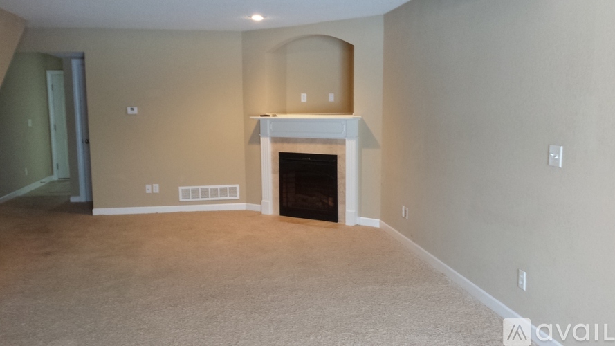 A room with a fireplace and a carpeted floor.