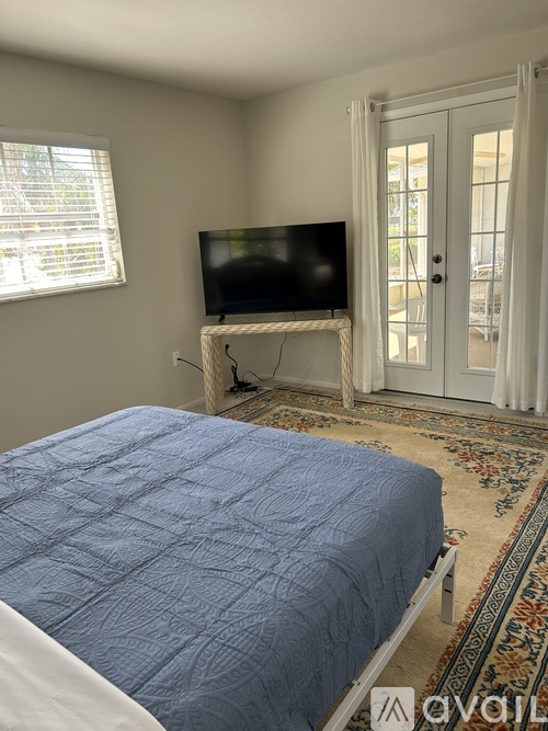 A bedroom with a bed, a television, and a rug.