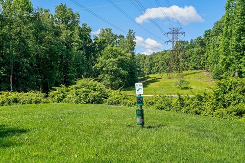 A green field with a signpost and trees in the background.
