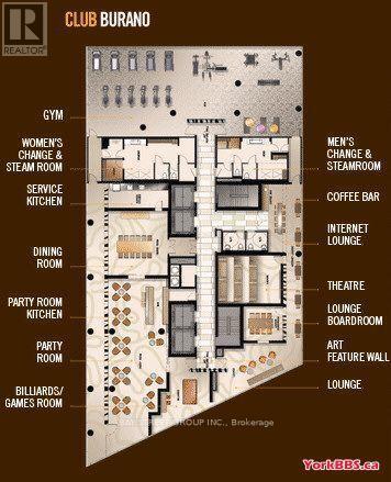 A floor plan of Club Burano showing the layout of the gym, dining room, and other amenities.