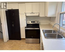 A kitchen with a black fridge, stove, and dishwasher.