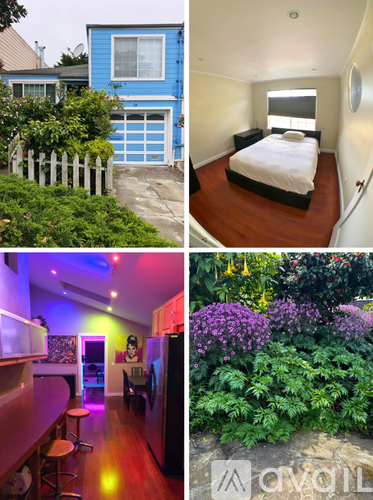 A collage of four different images, including a blue house, a bedroom, a kitchen, and a garden.