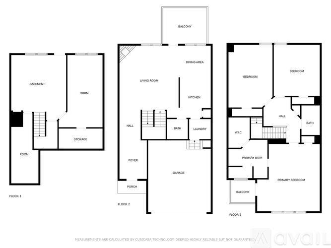 A floor plan of a three-story residential building with labeled rooms.