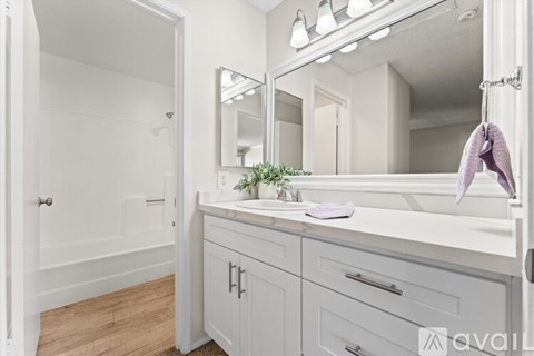 A bathroom with a white countertop and a white sink.