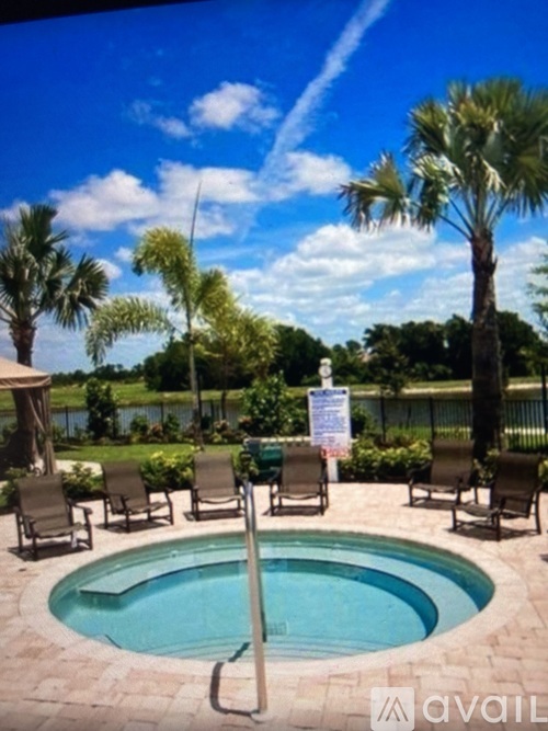 A pool surrounded by chairs and palm trees.