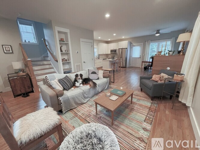 A living room with a couch, a coffee table, and a dog.