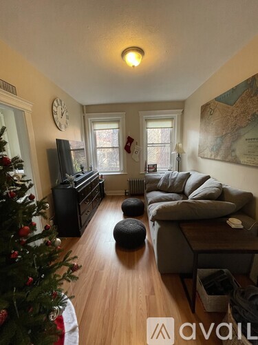 A living room with a Christmas tree and a couch.