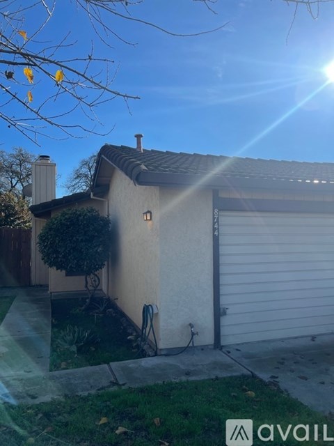 A house with a garage door and a tree in front.