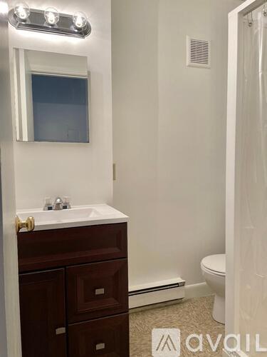 A bathroom with a sink, mirror, and toilet.