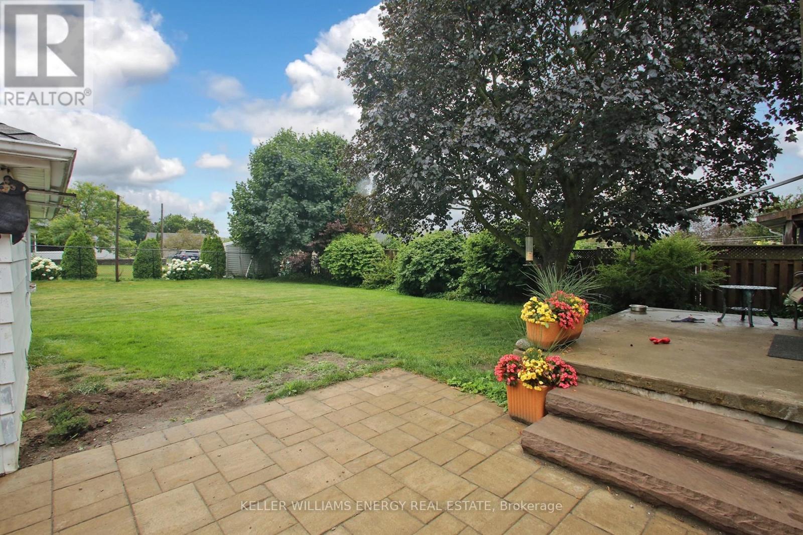 A backyard with a patio and a tree.