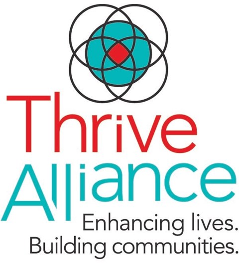 A logo for Thrive Alliance with the tagline "Enhancing lives. Building communities."