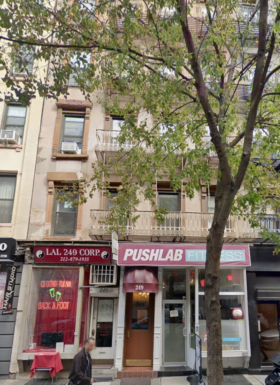 A tree in front of a building with a sign that says Push Lab.