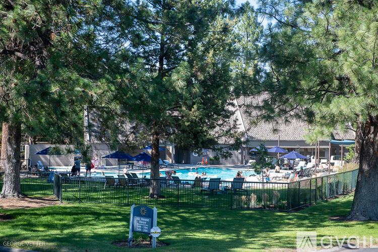A pool surrounded by trees and a fence with people sitting on the chairs.