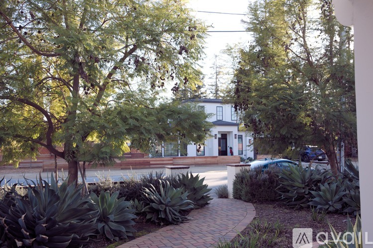 A white house is surrounded by green trees and plants.