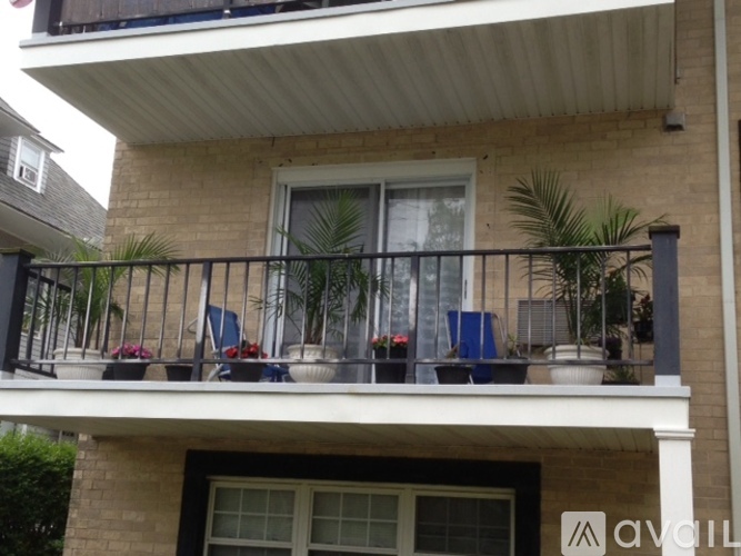 A balcony with a black railing and a few potted plants.