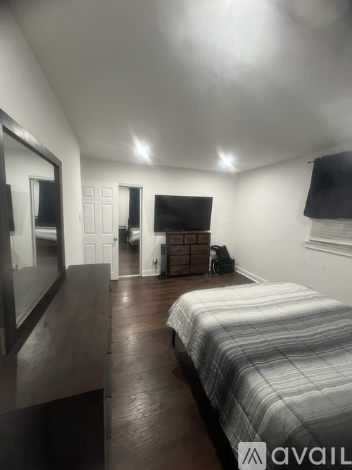 A bedroom with a bed, dresser, and mirror.