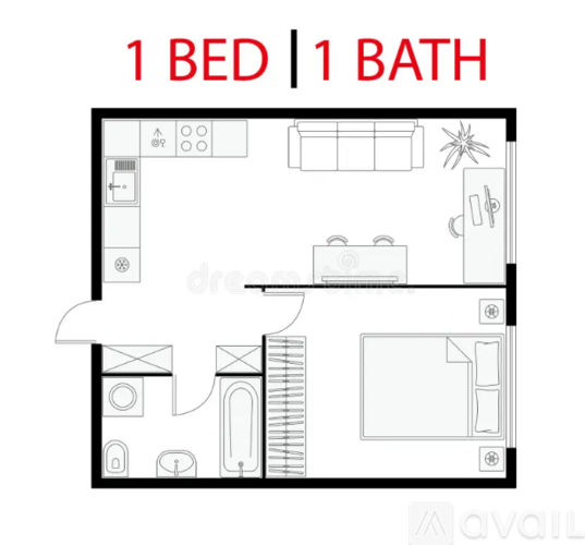 A floor plan of a small apartment with one bed and one bath.