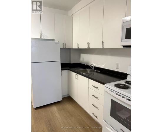 A white refrigerator stands in a kitchen with white cabinets and a black countertop.