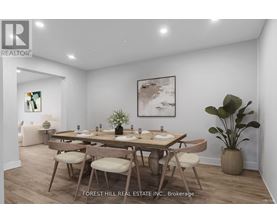 A dining room with a wooden table and chairs.