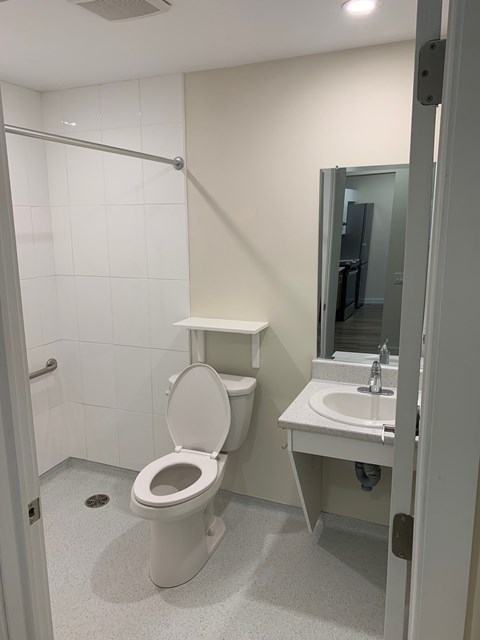 A white toilet in a small bathroom with a sink and mirror.